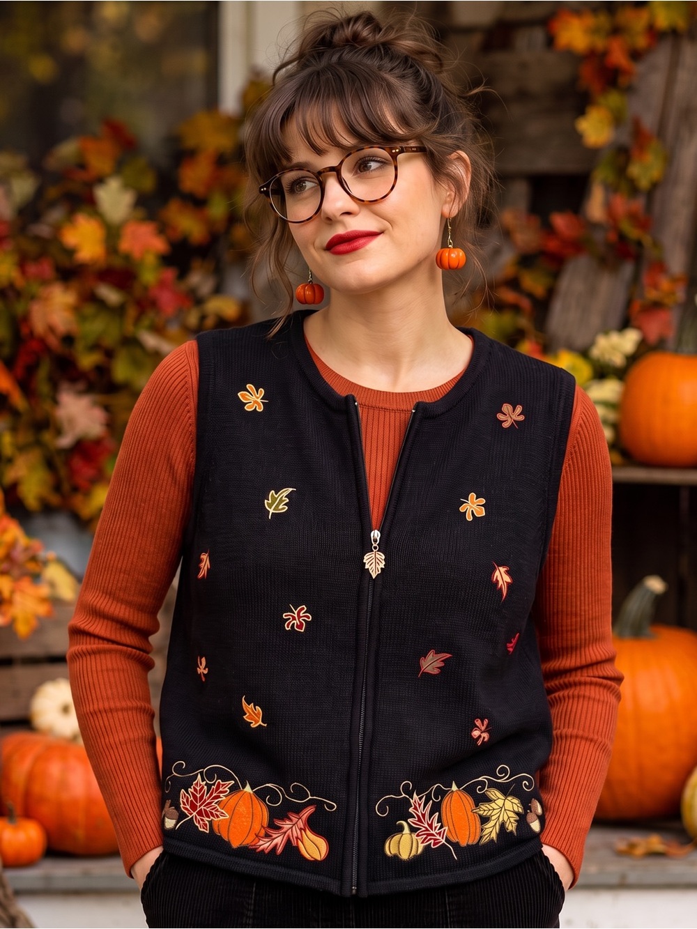 VINTAGE BRECKENRIDGE Embroidered Pumpkins & Leaves Sweater Vest